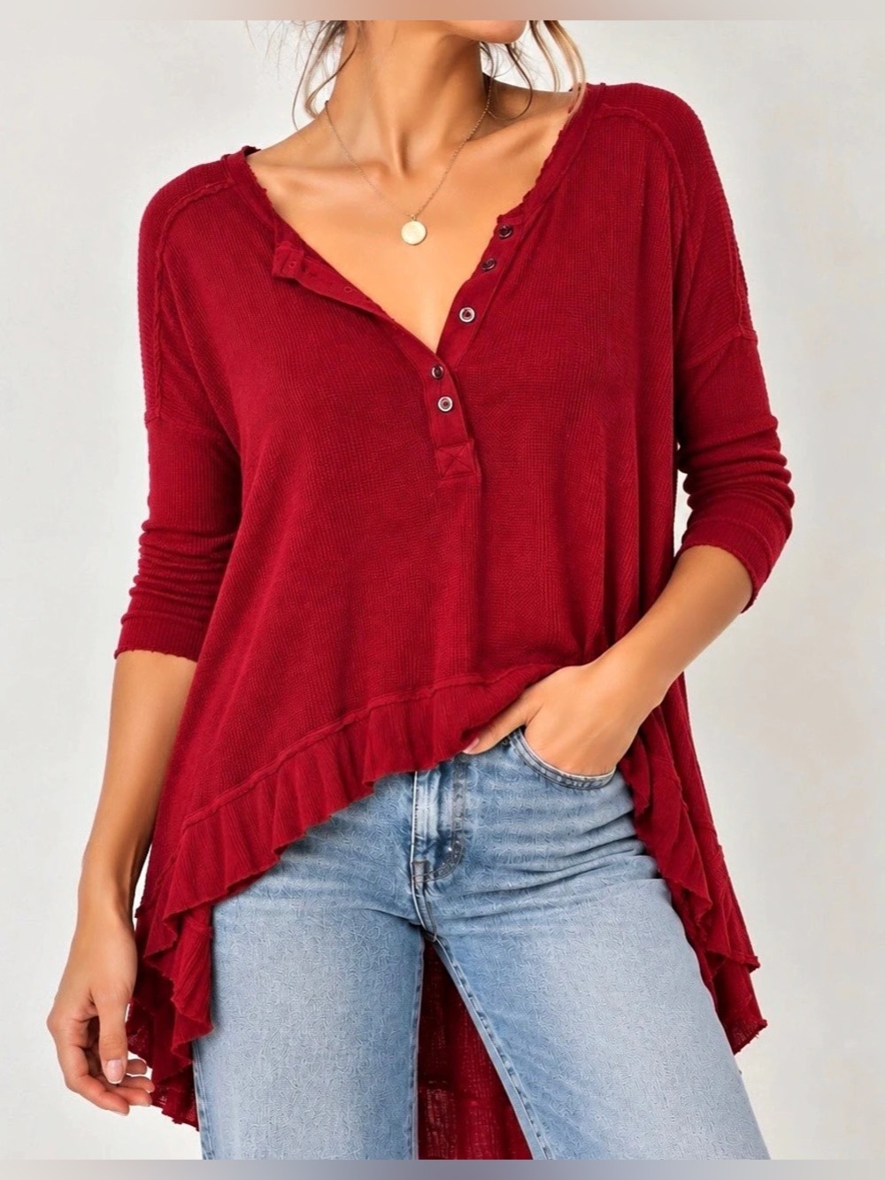 Free People Raspberry High Low Waffle Knit Henley - Size M